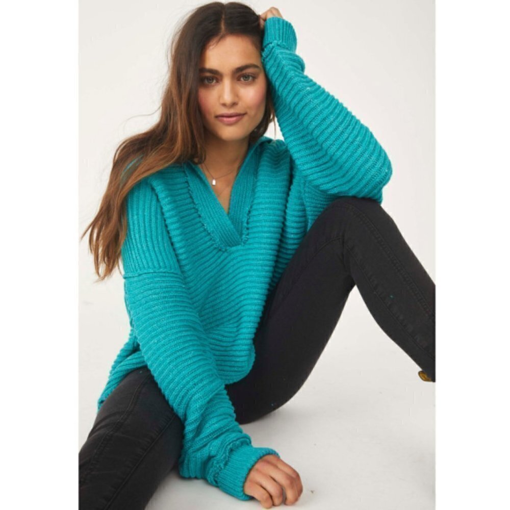 Free People 'Marlie' Ribbed-Knit Pullover Sweater, Mar Chiquita (Teal)